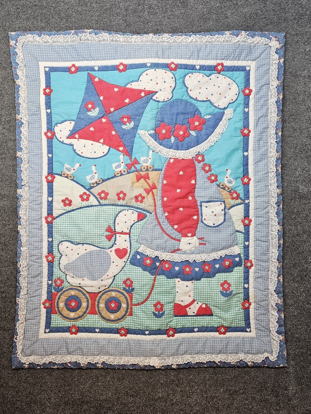 Vintage 1986 Diana Burchfield Girl Goose Duck Kite Baby Quilt Blanket